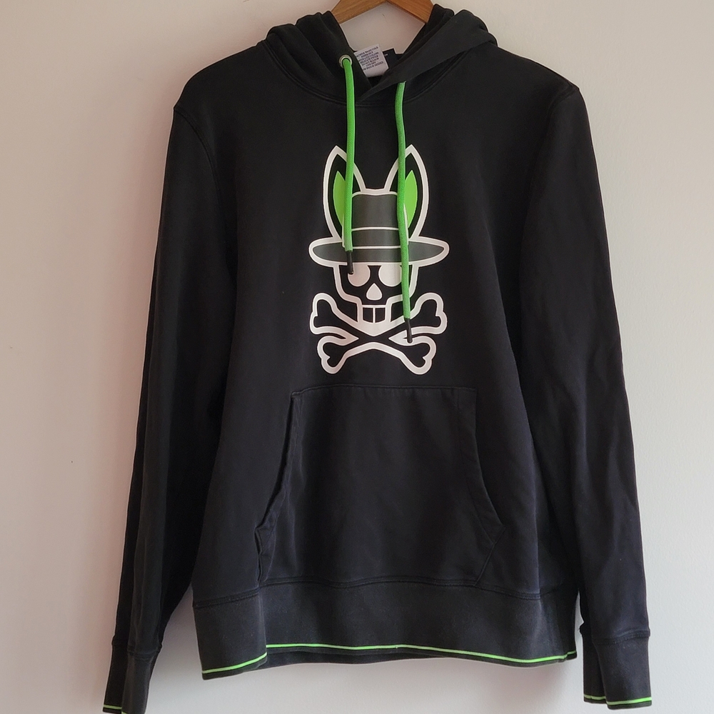 Psycho Bunny Black Hoodie Neon Green Skull Logo Soft Cotton Medium Unisex